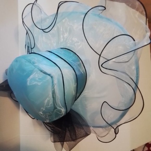 Light Blue Taffeta White Black Rim Large Rim Hat Mp - Picture 2 of 3